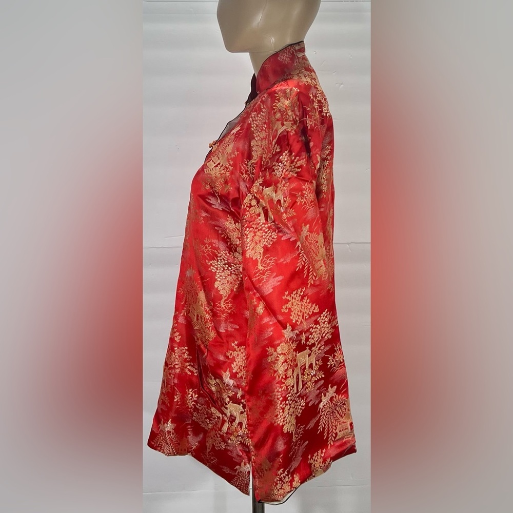 Red Brocade Mandarin Collar Button-Down Shirt with Gold Detail Size Medium - Picture 5 of 8